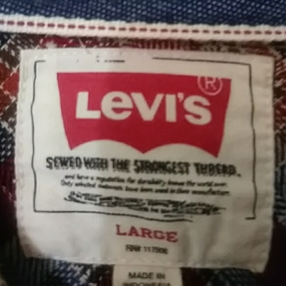Levi's red white & blue plaid long-sleeve shirt lg - Picture 5 of 7